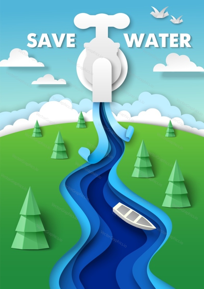 Шаблон дизайна плаката Save water. Многослойная вырезанная из бумаги лодка, плавающая по воде, выходящей из крана, векторная иллюстрация. Чистая, пресная вода - это ограниченный ресурс.