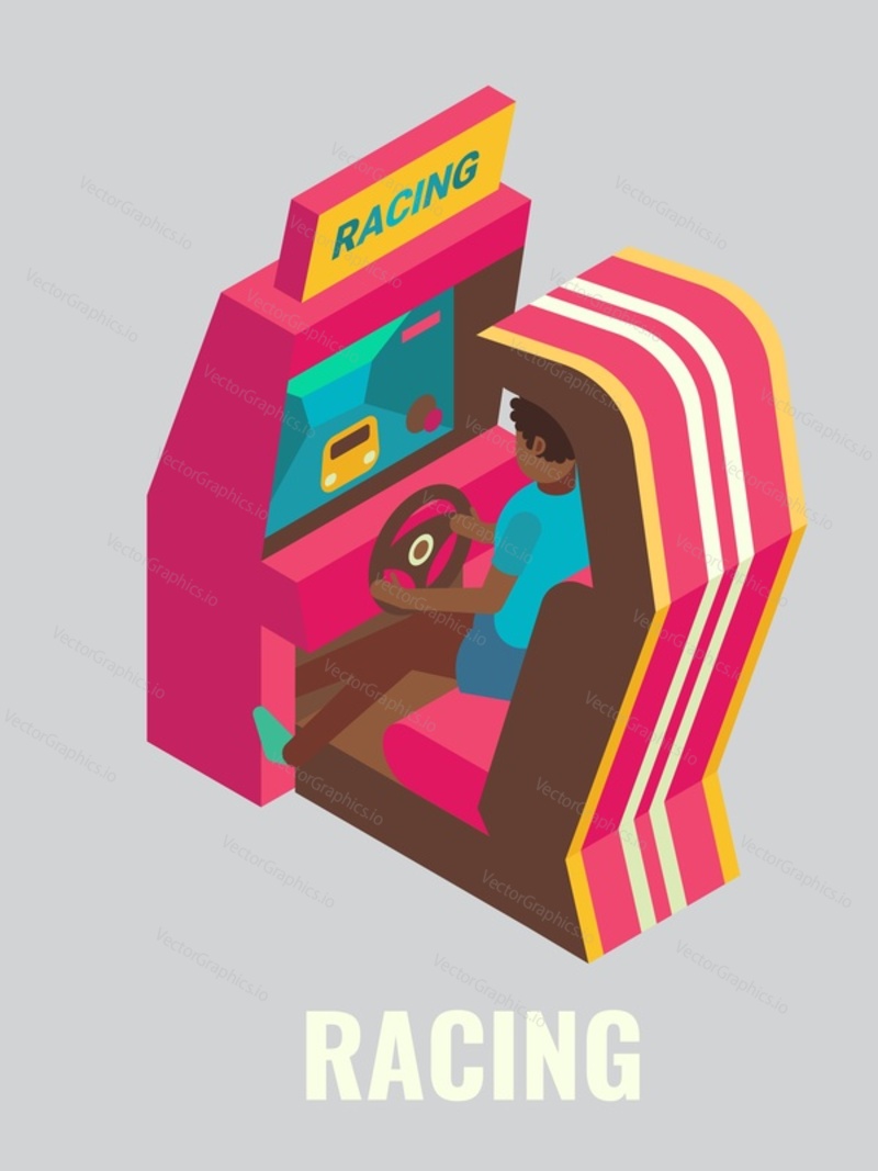 Young man driving race arcade game machine, flat vector isometric illustration. Game club, room, zone attractions, fun activities, entertainment. Arcade gaming.