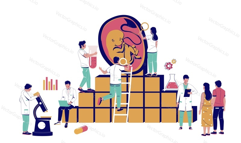 Infertility treatment medical center, clinic characters, flat vector illustration. Couple using ivf treatment. Doctor appointment scene. In vitro fertilization pregnancy concept.