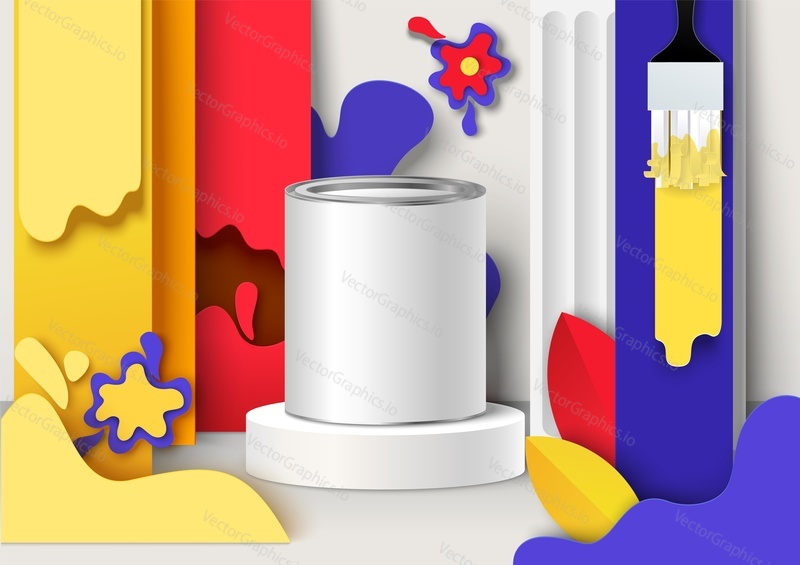 White blank paint packaging can, container mockup on display podium, paper cut background with color paintbrush strokes, vector illustration. Paint for home renovation ads template.