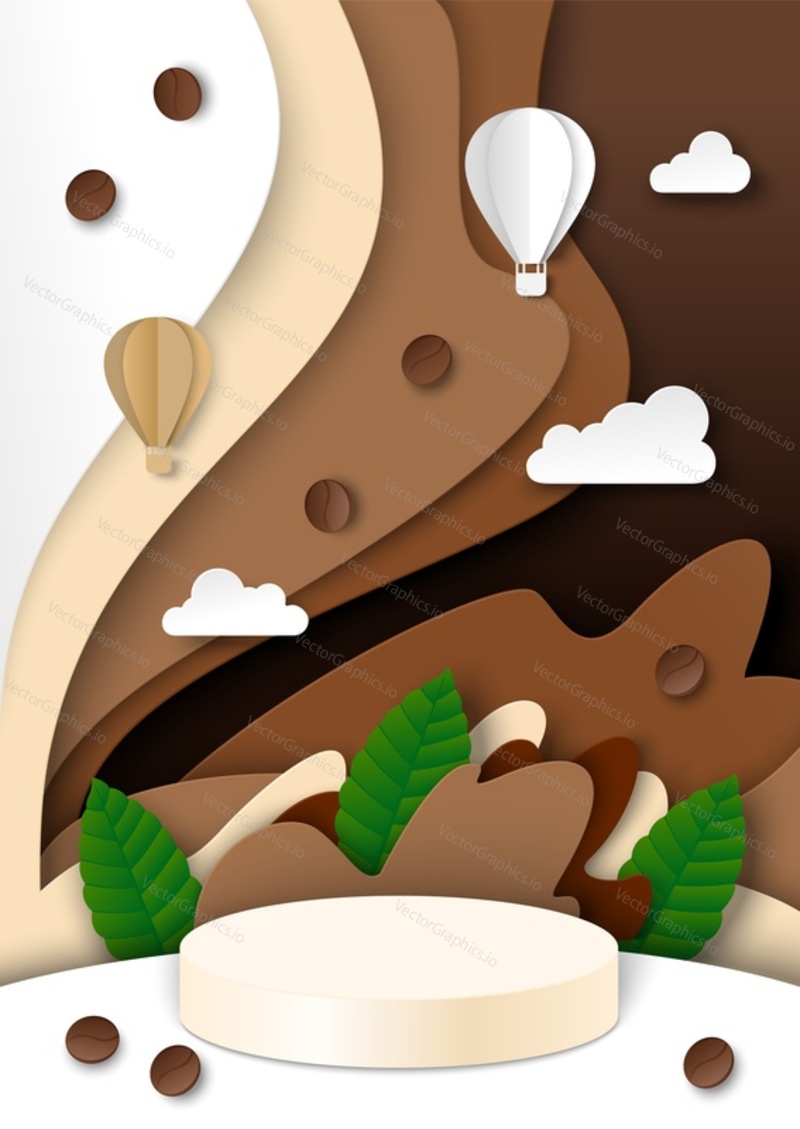Realistický kulatý displej pódium, vrstvený papír cut káva postříkání, fazole, vektorové ilustrace. Káva pozadí pro produkt reklamní plakát, banner, leták atd.
