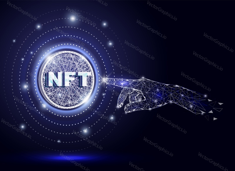 Прикосновение руки NFT, низкополигональная каркасная сетка, векторная иллюстрация в стиле полигонального искусства. Несменяемые токены, криптоискусство NFT, технологии будущего.