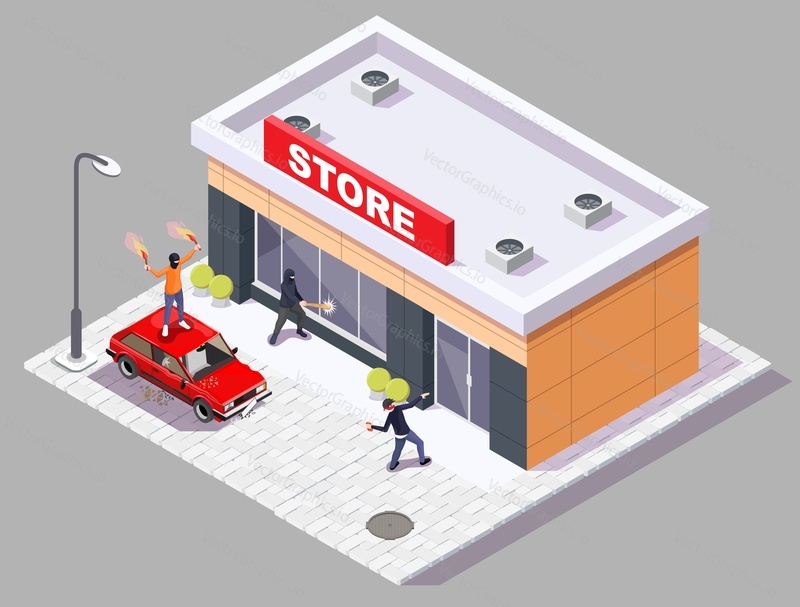 Street hooligans damaging store showcase and car, flat vector isometric illustration. Street vandals breaking shop window with bat. Vandalism and looting.