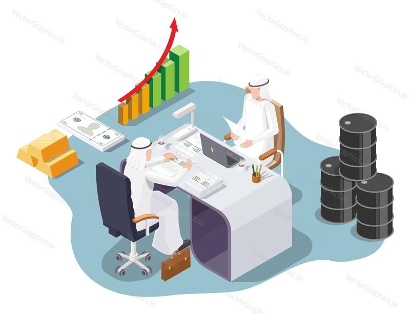 Oil barrels, gold ingots, money. Arab muslim businessman characters working on documents sitting at office desk, flat vector isometric illustration. Saudi Arabian oil business.