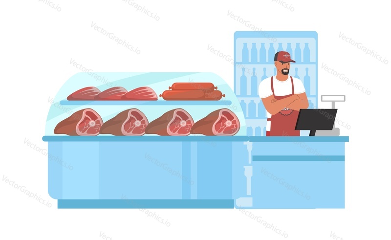 Meat store, flat vector illustration. Salesman standing at display fridge counter with fresh pork, beef, sausage. Farm food market. Butchers shop. Supermarket, grocery store meat section, department.