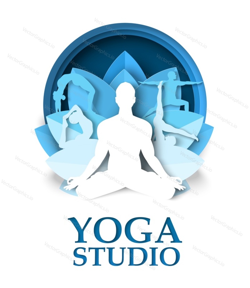 Yoga studio poster, flyer design template. Vector illustration in paper art style. Yoga poses, classes.