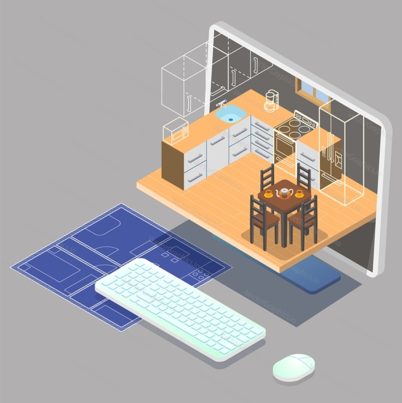 Услуги по дизайну интерьера. 3D-модели мебели для кухонной комнаты на экране компьютера, чертеж дома, плоская векторная изометрическая иллюстрация. Онлайн-планирование интерьера.