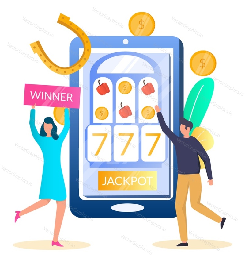 Automat na obrazovce smartphonu. Lidé hrají výherní automaty na mobilním telefonu a vyhrávají jackpot, ploché vektorové ilustrace. Mobilní slot aplikace, kasino on-line.