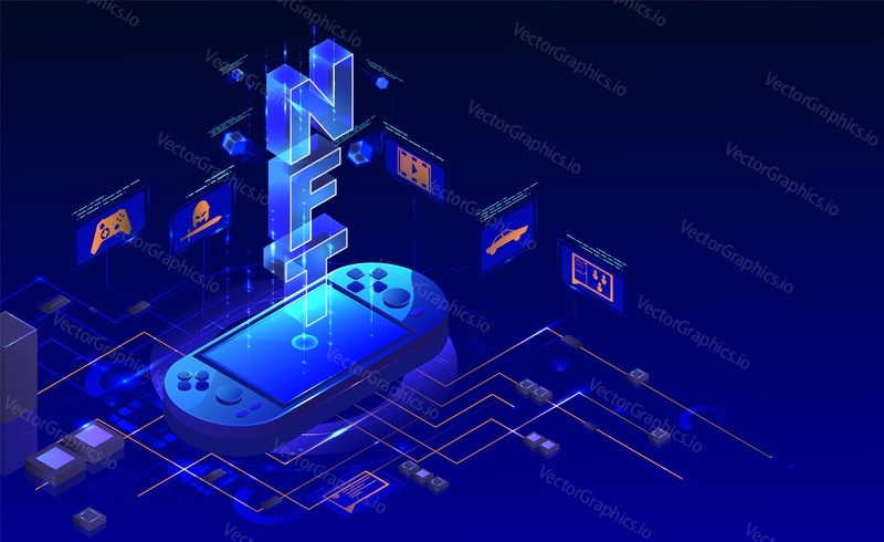 Мобильные игры NFT, векторная изометрическая иллюстрация неонового света. Несменяемый токен, технология блокчейна NFT, крипто видеоигры, игры в метавселенной.