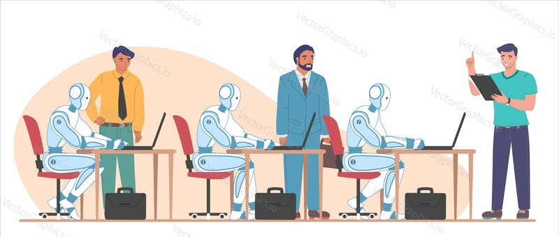 Роботы, работающие на компьютерах, выполняющих определенные задачи, плоская векторная иллюстрация. Технология программного обеспечения AI и rpa. Искусственный интеллект и роботизированная автоматизация процессов.