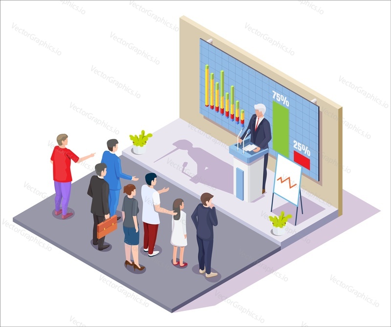 Liar politician with pinocchio long nose shadow speaking in front of people, flat vector isometric illustration. Liar politics.