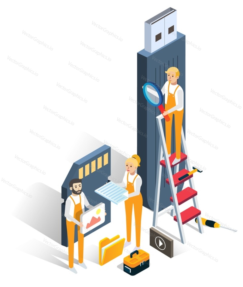 Recovery data, flat vector isometric illustration. USB flash, memory card repair. Lost video, photos or music files recovery.