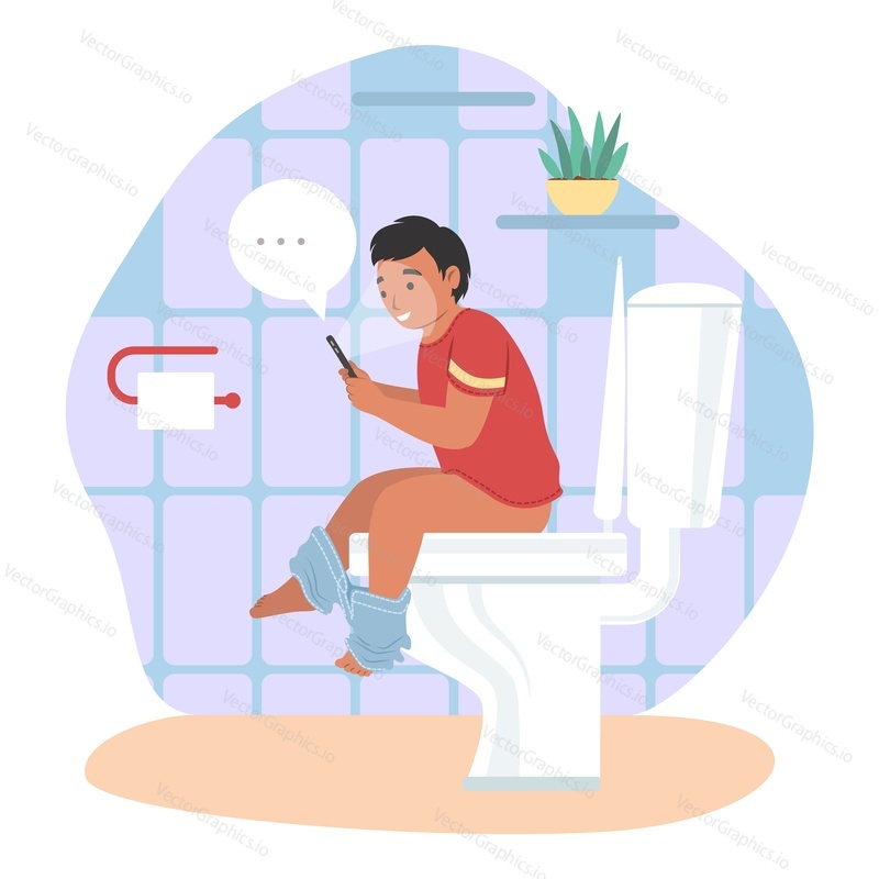 Маленький мальчик, сидящий на унитазе со смартфоном, плоская векторная иллюстрация. Привычка к туалету, зависимость от смартфона.