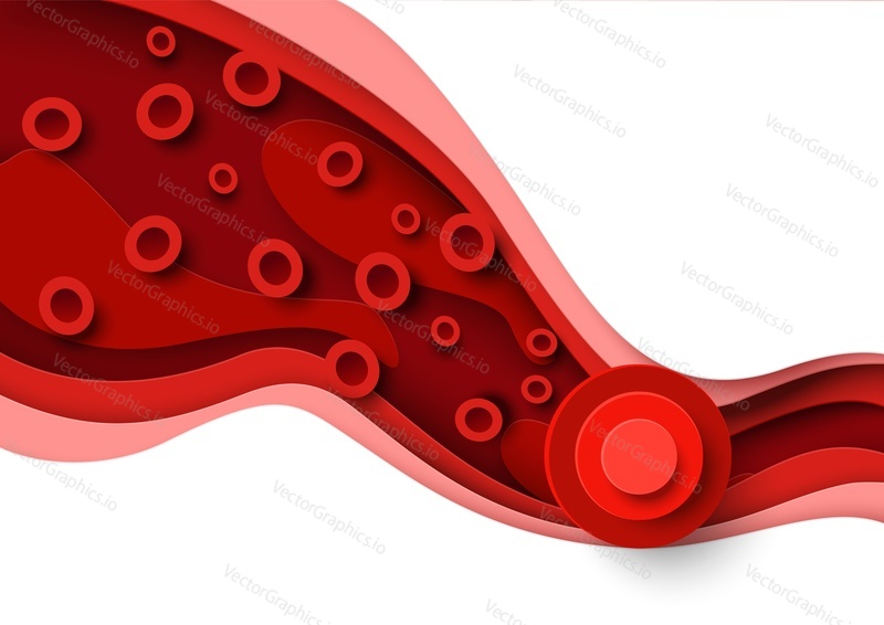Blood clot, thrombus in vein or artery, vector illustration in paper art style. Arterial clot or deep vein thrombosis. Medical poster template.