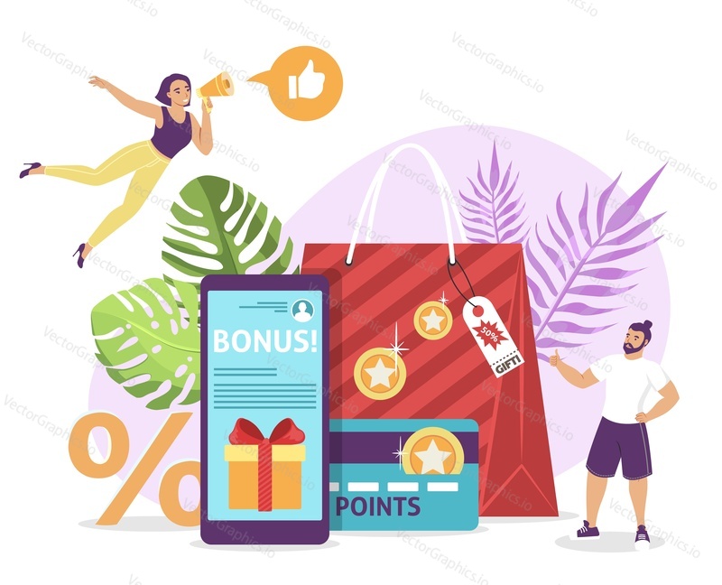 Podnikatelé přitahují nové kupce body, bonusy, slevové karty pro online nákupy, ploché vektorové ilustrace. Věrnostní program odměňování zákazníků, marketingová strategie internetového obchodu.