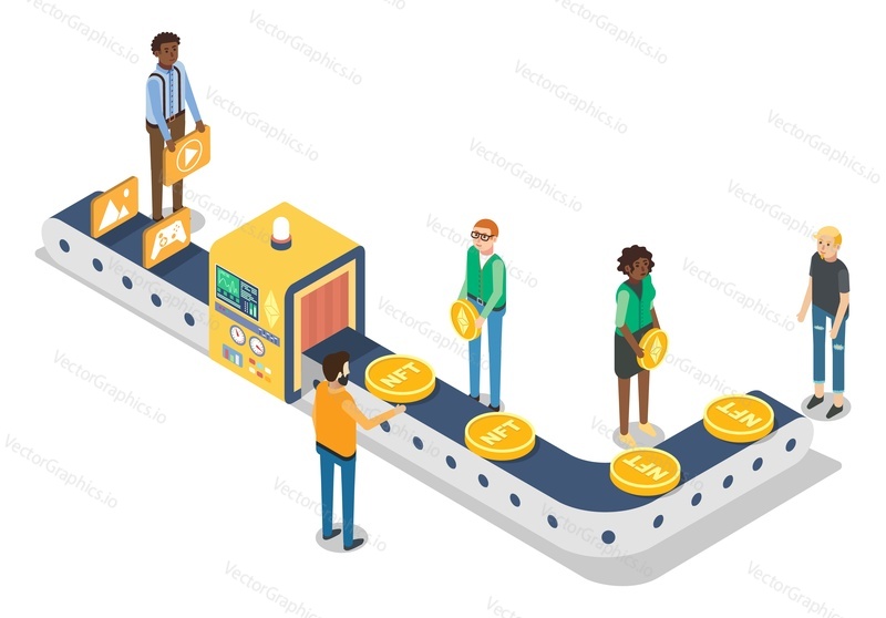NFT minting process, flat vector isometric illustration. Conveyor belt turning digital art into crypto collectibles on Ethereum blockchain. NFT minting platform.