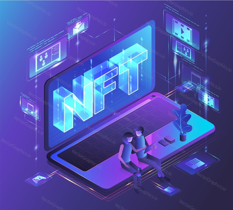 NFT, несменяемый токен, технология блокчейна цифрового криптоискусства, векторная изометрическая иллюстрация, дизайн неонового света.