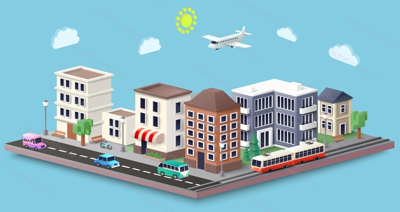 Isometric city streets, residential and commercial buildings, public transport, flat vector illustration. City architecture, urban landscape design.