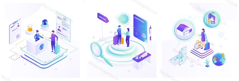 Визовый центр, иммиграционный контроль, заявление на визу, работник-мигрант по контракту, плоская векторная изометрическая иллюстрация. Концепция иммиграции.