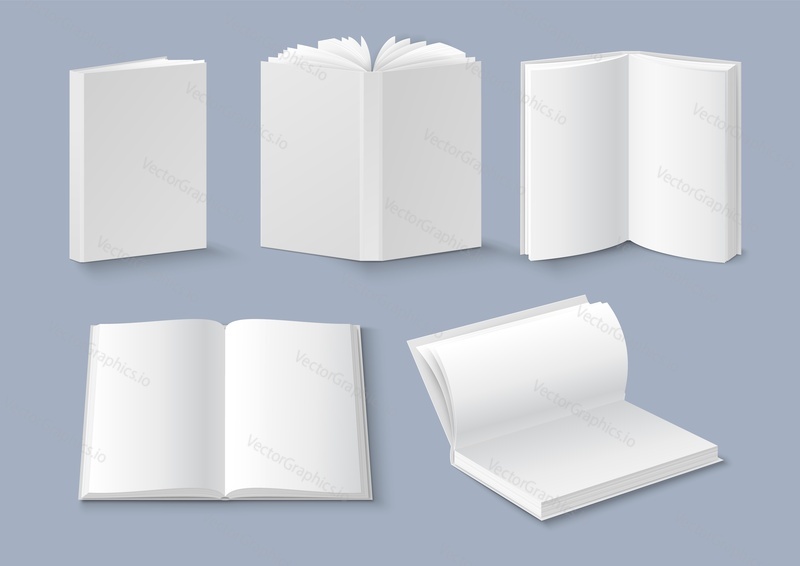 Realistic open and closed book mockup set, vector isolated illustration. White blank booklet, brochure, magazine cover. Hardcover, softcover or paperback vertical book templates.