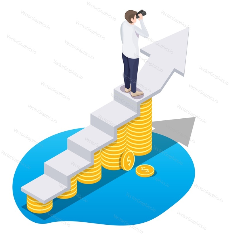 Businessman standing on the top of revenue growth increasing graph, flat vector isometric illustration. Sales increases, income, profit growth.