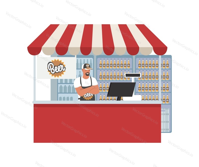 Obchod s pivem, pivovar, ploché vektorové ilustrace. Craft Pivní lahve na policích vitríny. Prodavač stojí u pultu. Supermarket, obchod s potravinami pivní sekce. Maloobchod malé firmy.