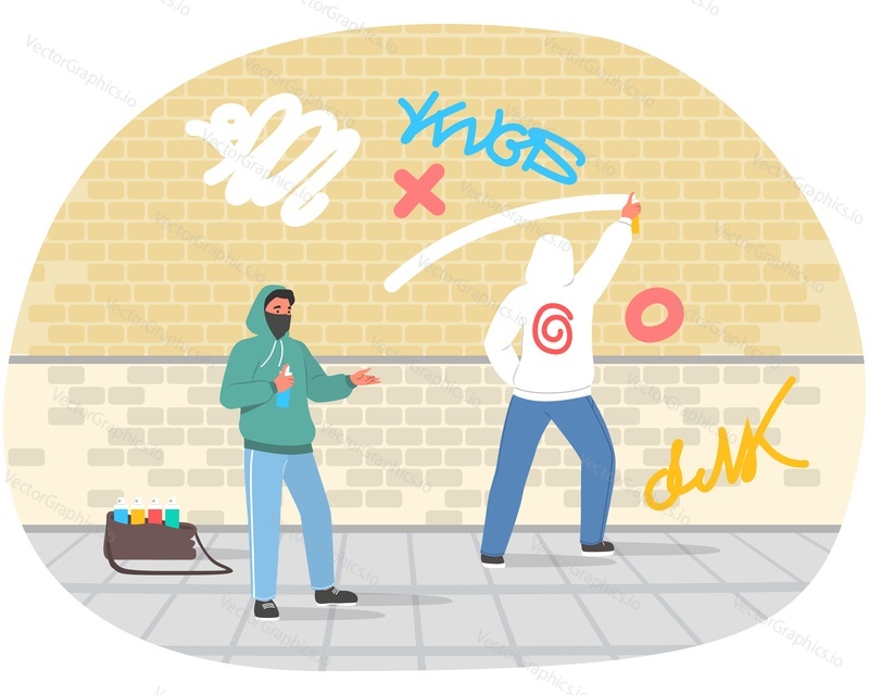 Pouliční chuligáni, graffiti malíři s kapucí a obličejovou maskou poškozující veřejnou budovu, ploché vektorové ilustrace. Pouliční Vandalové malují cihlovou zeď sprejem barvy. Vandalismus.