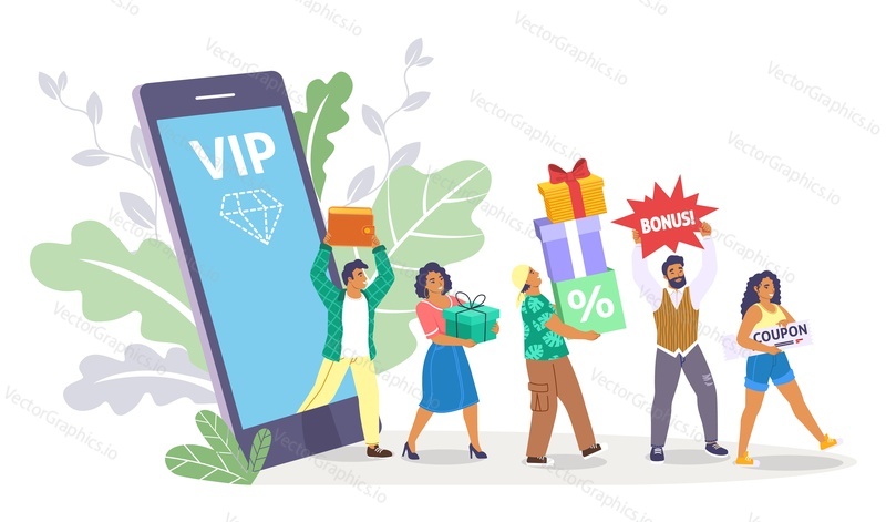 Šťastný shopper přichází z mobilního telefonu s dárky, slevový kupón, bonusy, ploché vektorové ilustrace. Odměny za online nakupování. Věrnostní programy přitažlivosti zákazníků.