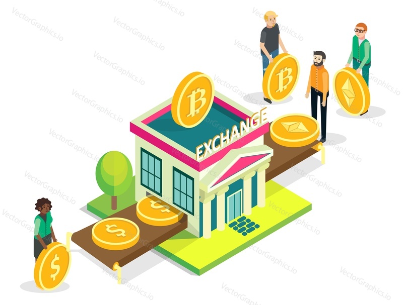 Cryptocurrency stock exchange, flat vector isometric illustration. People exchanging bitcoin, ethereum digital currency to dollar. Cryptocurrency marketplace.