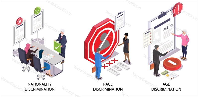 Employment discrimination scene set, flat vector isometric illustration. Nationality, race and age discrimination against job applicant.