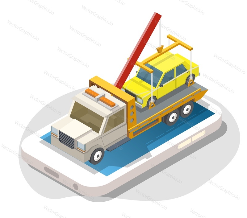 Smartphone with yellow car on tow truck evacuator on screen, flat vector isometric illustration. Roadside assistance, car towing online service.