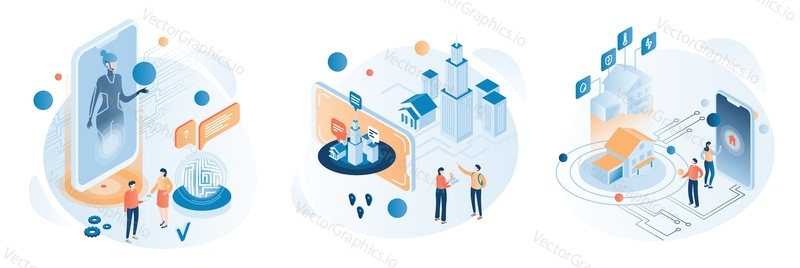 Virtuální technologie, ploché vektorové izometrické ilustrace. Virtuální asistent, smartphone navigační aplikace, internet věcí, smart home.