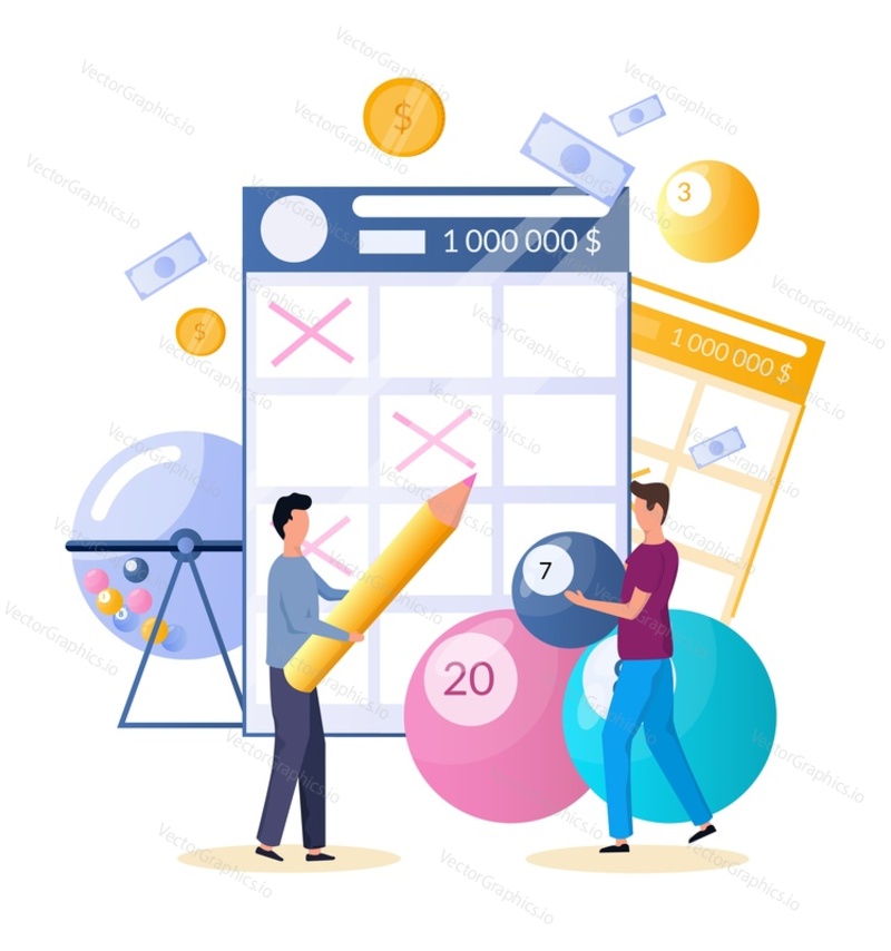 Raffle drum, balls with lucky numbers, man player filling out lottery tickets, flat vector illustration. Lotto, bingo, keno lottery games.