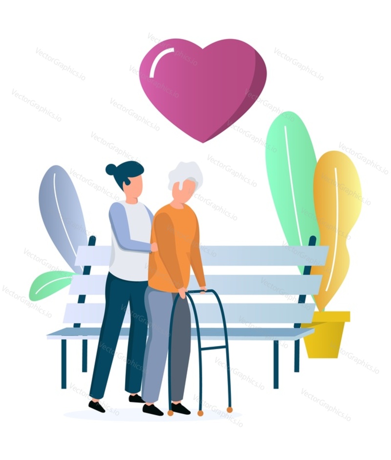Volunteer, social worker helping senior woman move, flat vector illustration. Volunteering, care for disabled people, elderly support.