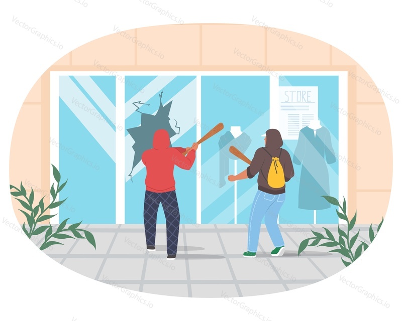 Street hooligans, bullies wearing hoodies damaging store showcase, flat vector illustration. Street vandals, burglars breaking shop window with bat. Vandalism, looting, aggression.