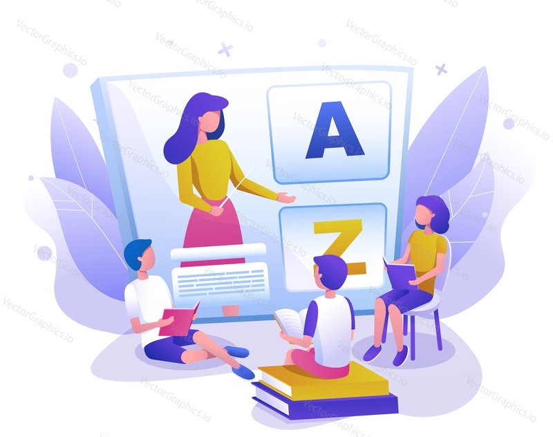 Děti studující jazyky s online učitelem, ploché vektorové ilustrace. Třída anglického jazyka, kurz. Online vzdělávání, doučování, domácí vzdělávání, distanční vzdělávání.