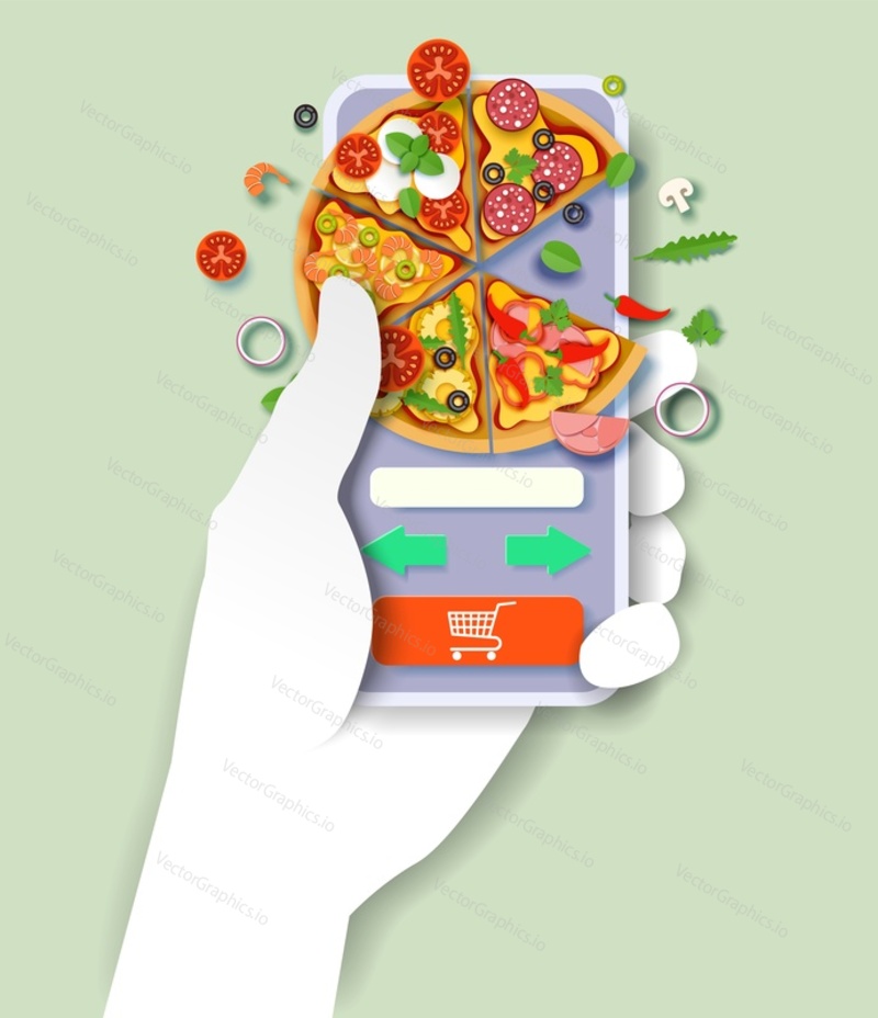 Рука, держащая смартфон с вкусной пиццей на экране, векторная иллюстрация в стиле бумажного искусства. Онлайн-заказ пиццы и ее доставка.
