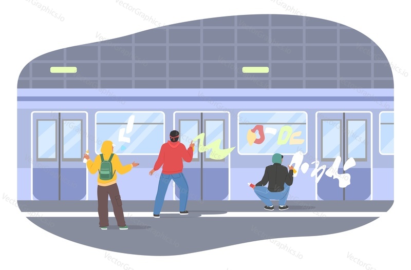 Pouliční chuligáni, graffiti malíři v mikinách poškozující veřejnou dopravu, ploché vektorové ilustrace. Pouliční Vandalové malování metra Metro vlak s barvou sprej. Vandalismus.