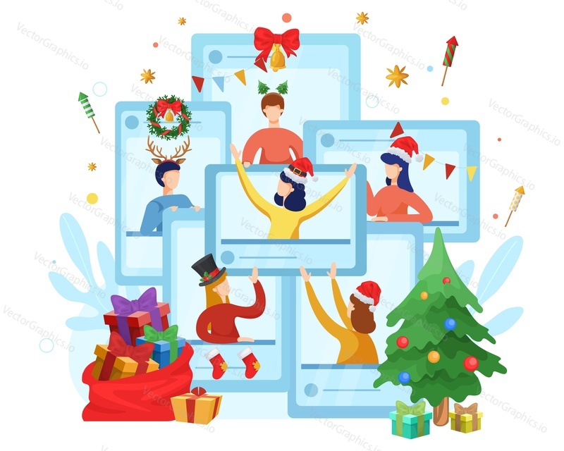 Skupina lidí slaví Vánoce online, ploché vektorové ilustrace. Online párty, technologie videokonferencí, distanční setkání.