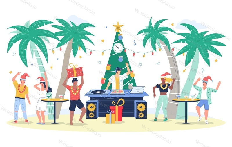 Tropic Christmas party, flat vector illustration. Happy people in Santa hats drinking cocktail and dancing to dj music on beach. New Year celebration, tropical winter vacation.