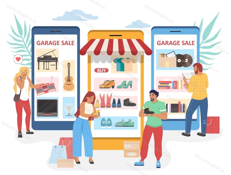 Приложение Garage sale для покупки подержанной одежды и предметов, плоская векторная иллюстрация. Онлайн-блошиный рынок.