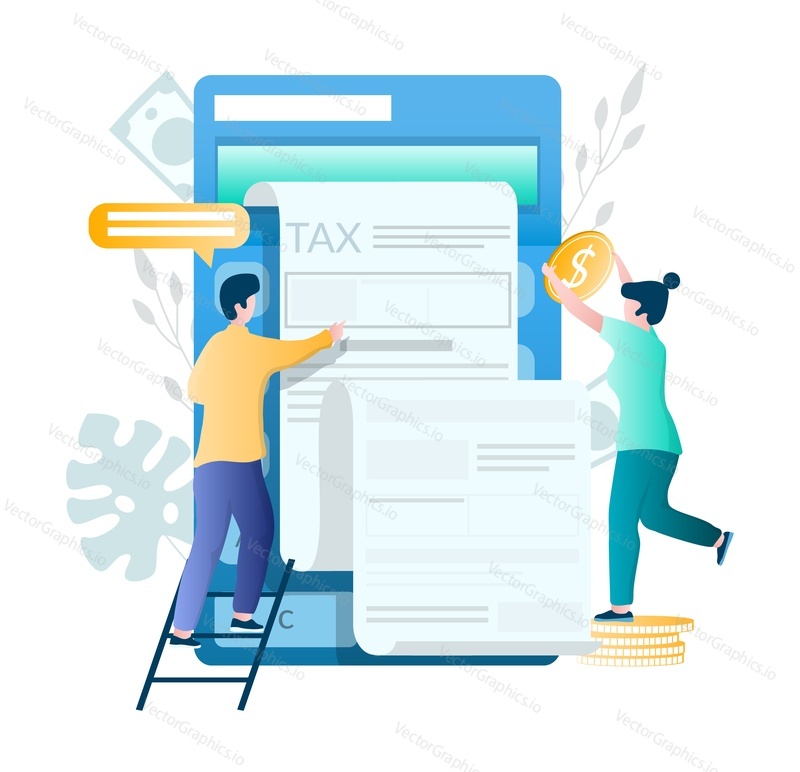 Концепция онлайн-уплаты налогов плоская векторная иллюстрация. Смартфон, персонажи-налогоплательщики, совершающие платежи. Мобильное приложение для заполнения налоговых форм.
