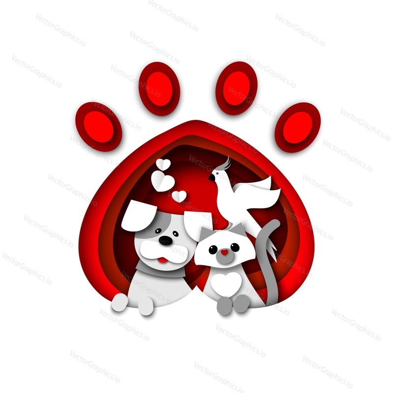 Cute cat, dog and parrot sitting in heart shape pet animal paw print, vector illustration in paper art style. Pet shop, shelter, vet logo design template.