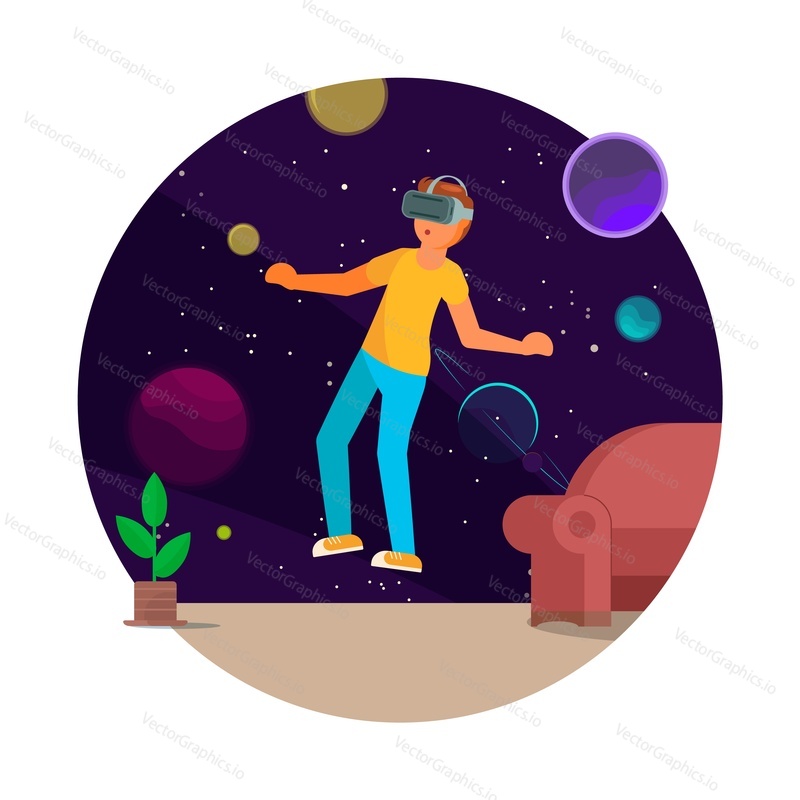 Young man in VR headset flying in outer space, flat vector illustration. Space VR game, simulation, education. Virtual reality technology and entertainment.
