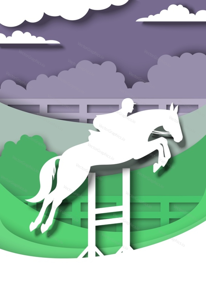 Show jumping competition. Horseback rider, jumping horse silhouettes, vector illustration in paper art style. Hurdle race. Equestrian sport event.