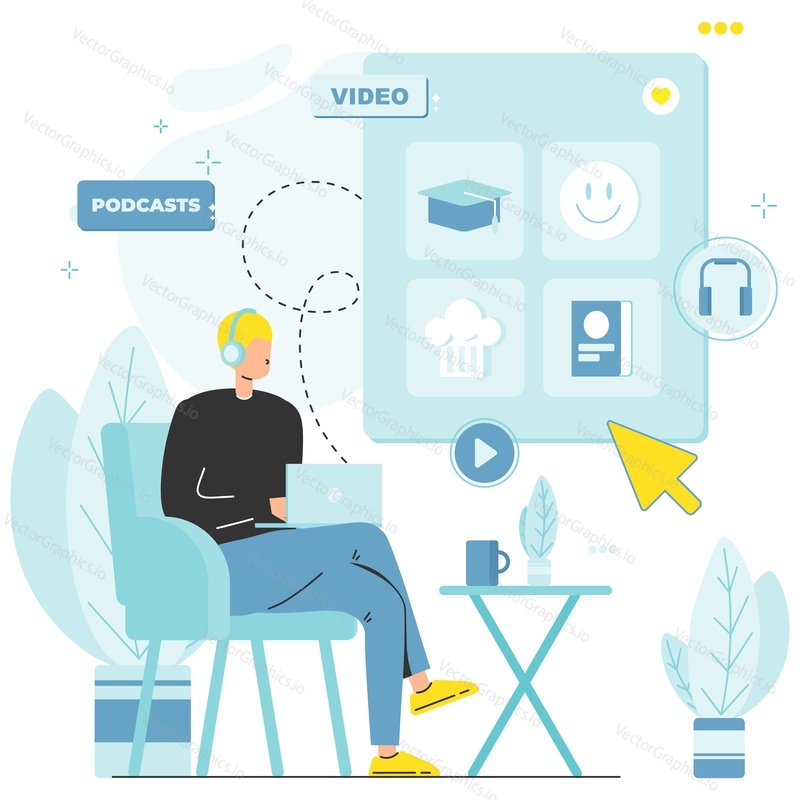 Man in headphones choosing podcast on laptop computer to start watching and listening, flat vector illustration. Podcasting, multimedia content concept.