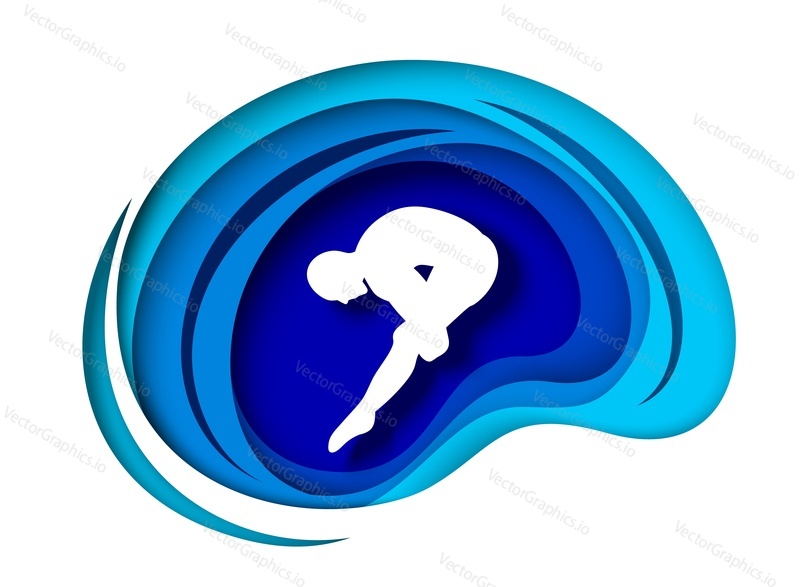 Springboard or platform diving. Paper cut craft style diver athlete white silhouette, vector illustration. Water sports. Diving competition.