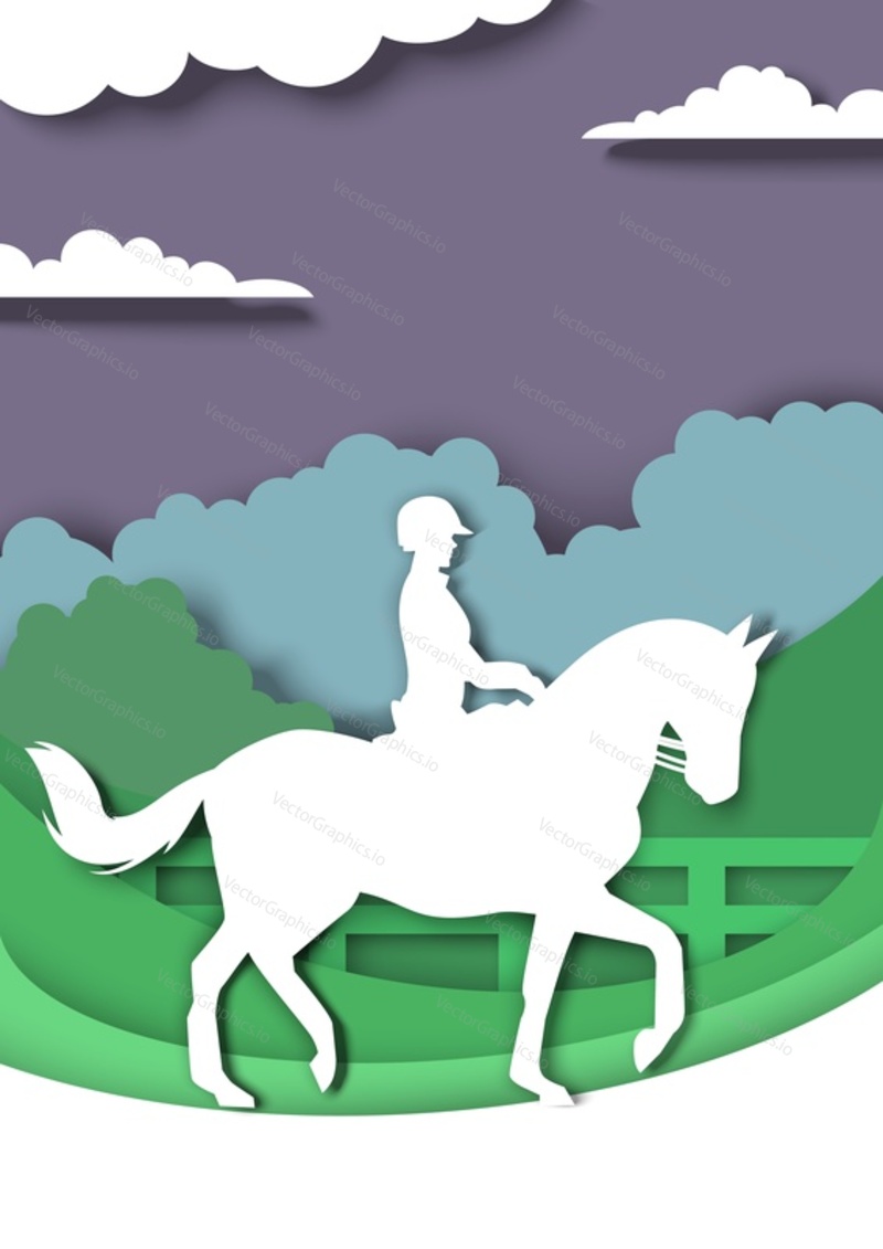 Dressage horse and rider silhouettes, vector illustration in paper art style. Equestrian sport, dressage horse training, horseback riding.