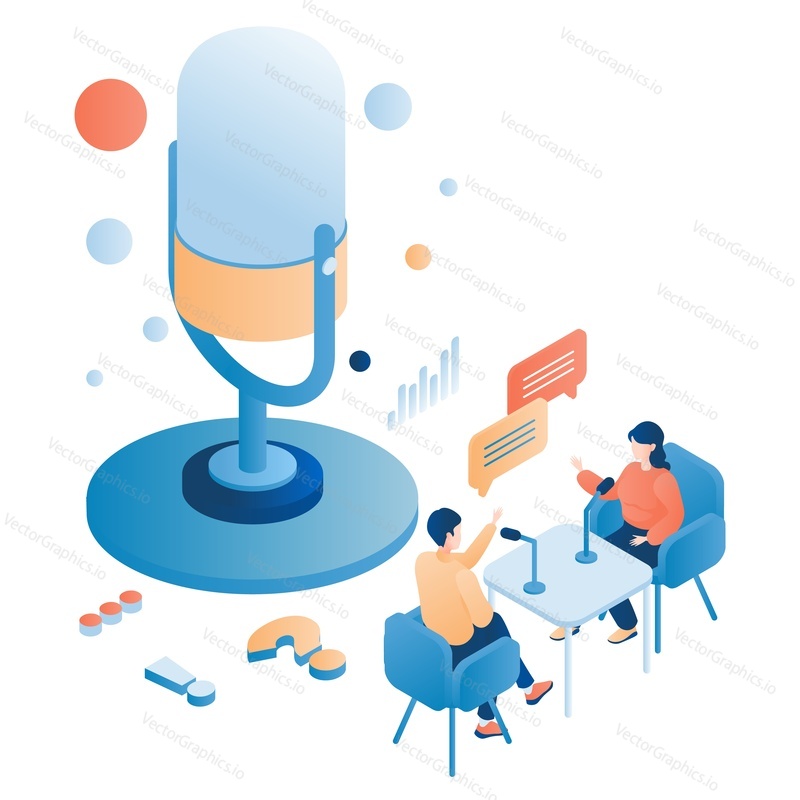 People recording podcast in studio, flat vector isometric illustration. Talk podcast, interview, radio broadcast, podcasting, radio program, audio entertainment.