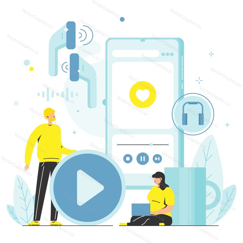 Lidé poslouchají hudbu, rozhlasový program nebo podcasty online, ploché vektorové ilustrace. AP.